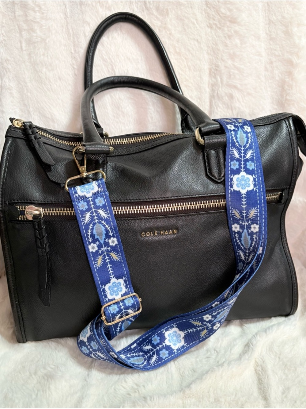 Cole Haan Black Leather Tote with Blue Floral Strap